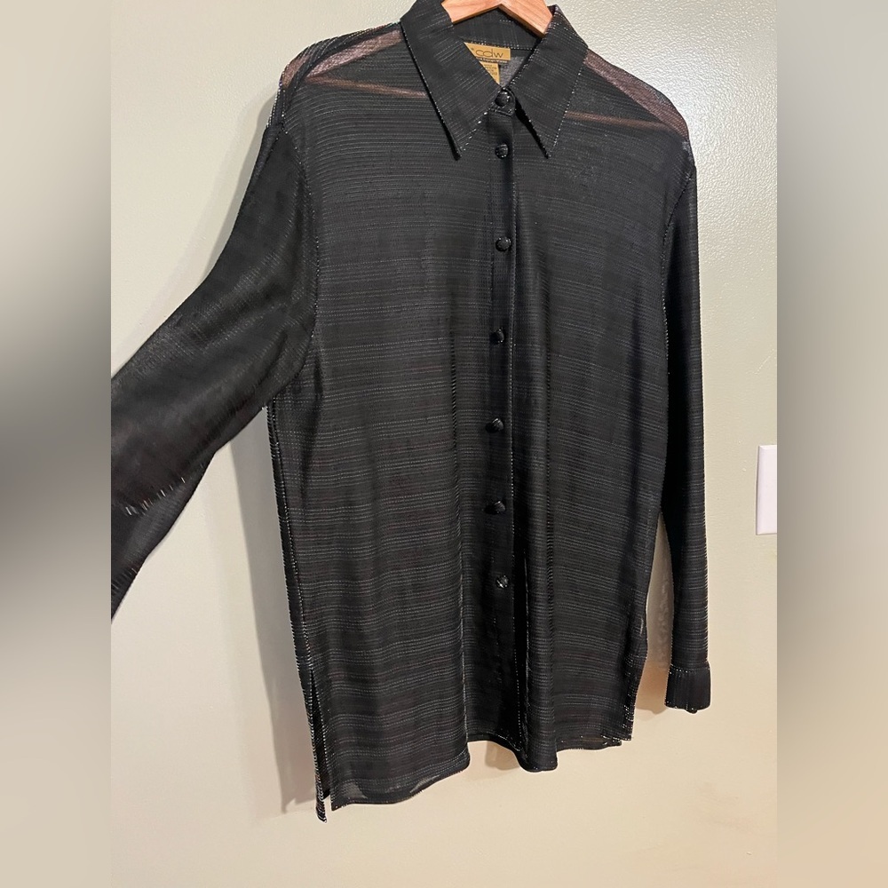 CDW Black SheerShimmer  Button-Up Shirt Blouse L Long Sleeves